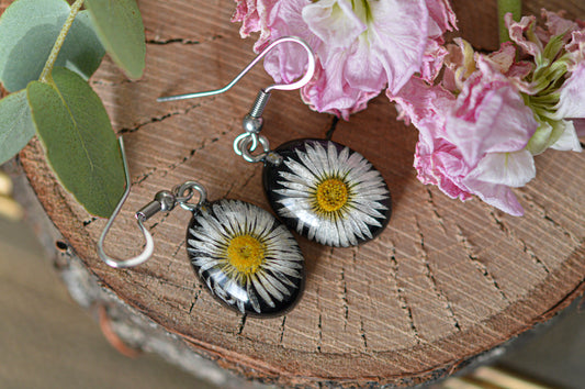 Black oval daisy earrings