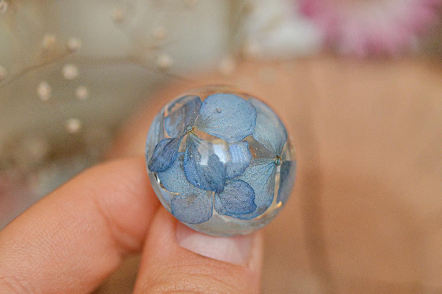 Brooch with a real hydrangea