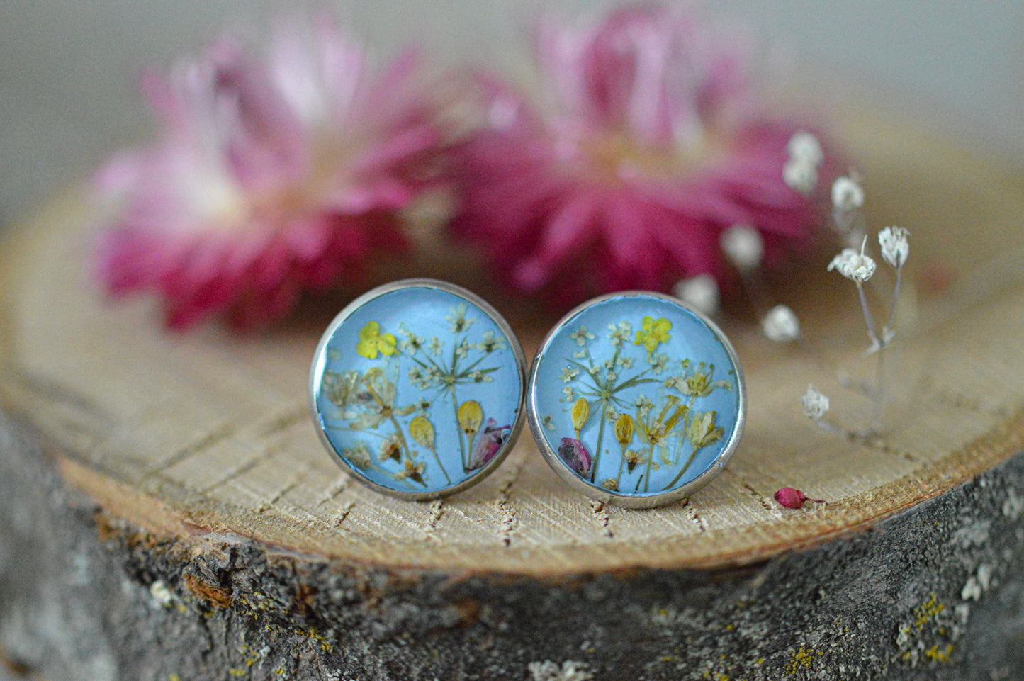 Blue floral stud earrings