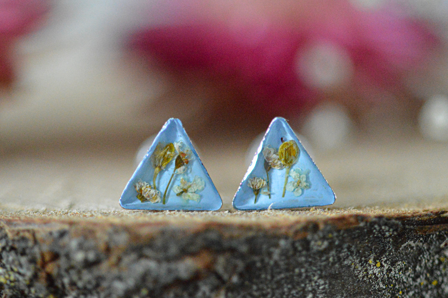 Blue triangle floral stud earrings