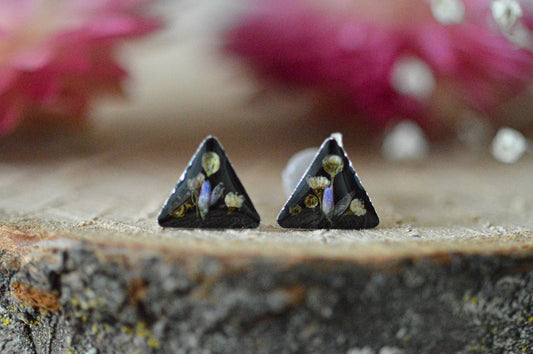 Black triangle floral stud earrings