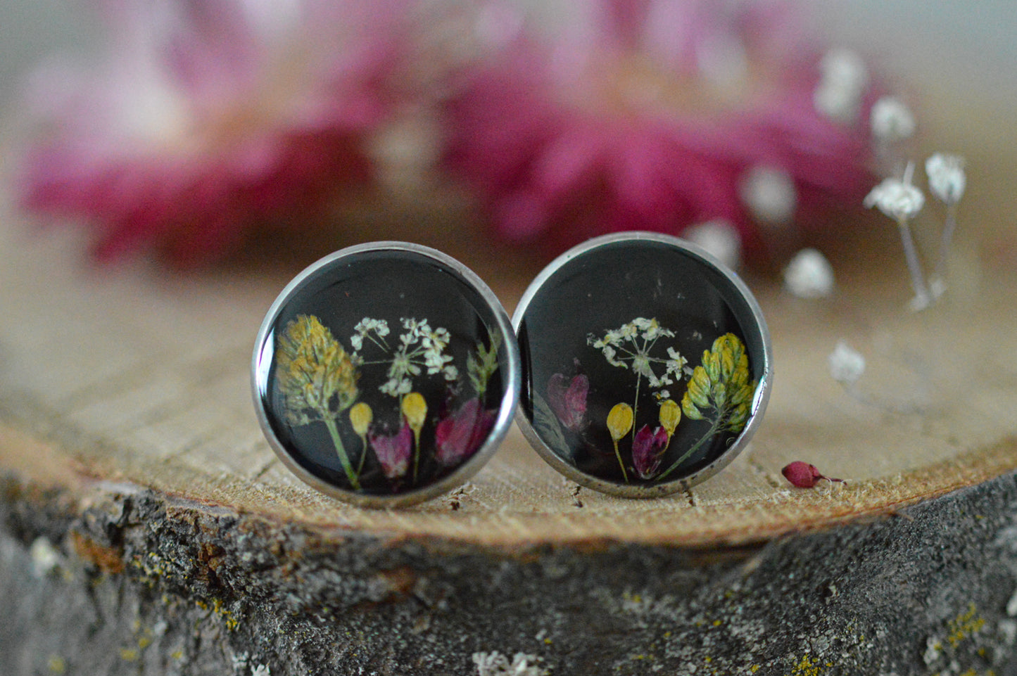 Black floral stud earrings