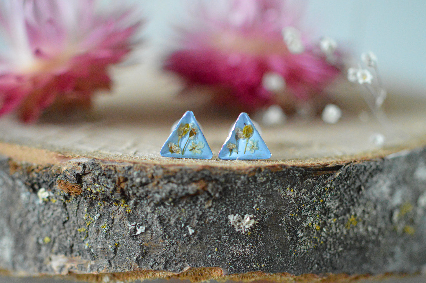 Blue triangle floral stud earrings