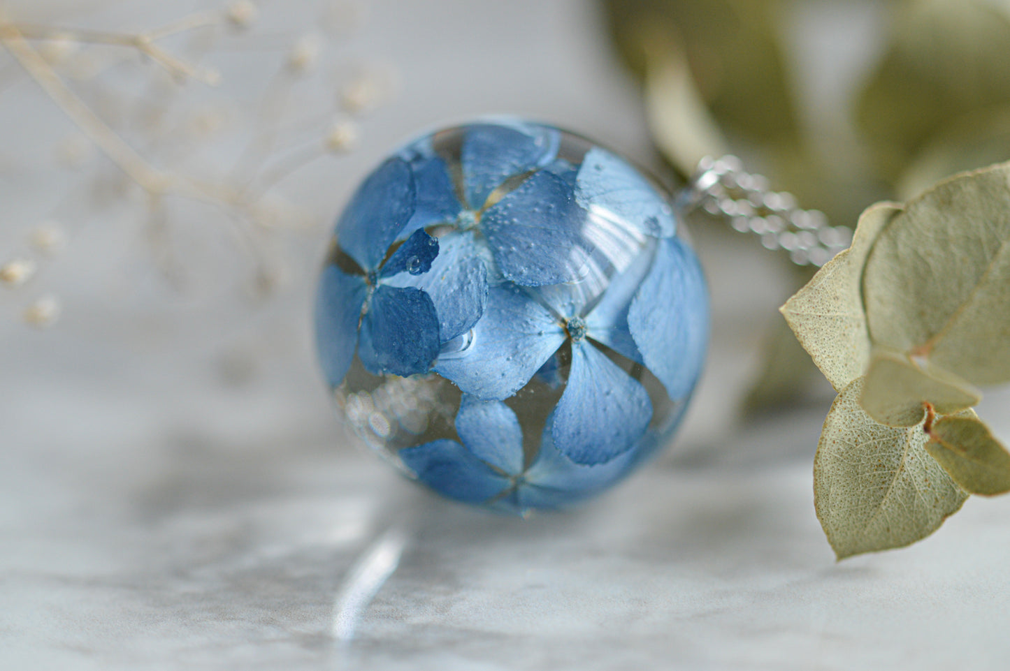 Real blue hydrangea necklace