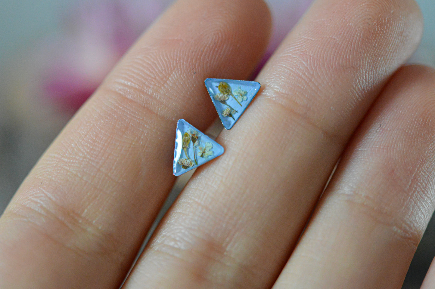 Blue triangle floral stud earrings