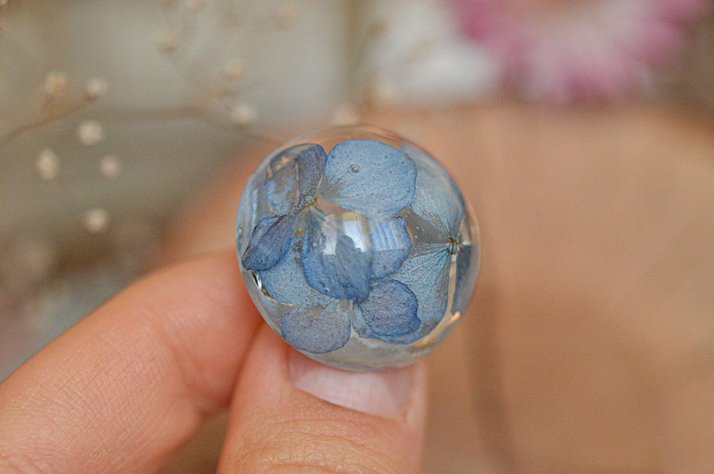 Brooch with a real hydrangea