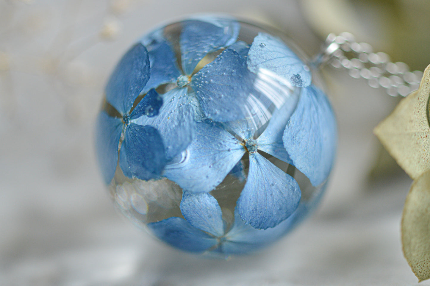 Real blue hydrangea necklace